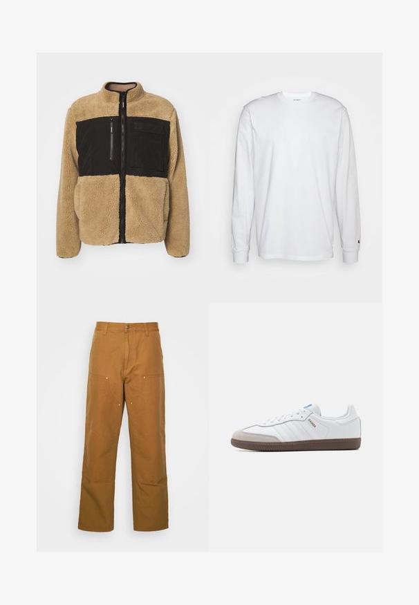 Tan fleecejakke med en øverste del i sort nylon. Har en høj krave, frontlynlås og en lynlåslomme på brystet. Struktureret og varm.; Hvid langærmet T-shirt lavet af bomuld. Rund halsudskæring med ribbede manchetter og et lille logo på venstre ærme. Glat tekstur.; Brune bomuldsarbejdsbukser med lige ben-design, der har frontlommer og metalhardware detaljer for ekstra holdbarhed.; Hvide lædersneakers med grå ruskindsnæse, tre horisontale hvide striber, blå accent og brun gummisål. Tekstureret detalje på sålen.
