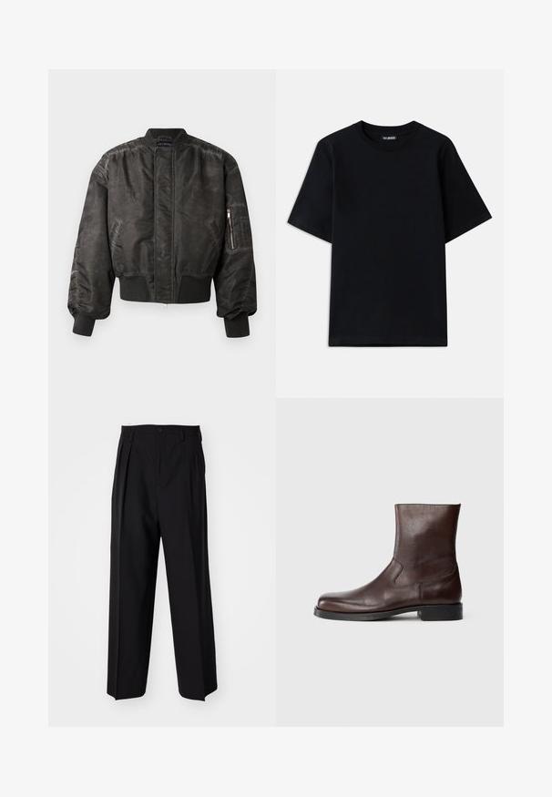Černá bomber bunda s hladkým, texturovaným povrchem, žebrovanými manžetami a lemem, kapsou na zip na rukávu a minimalistickým designem.; Černé bavlněné tričko s kulatým výstřihem a krátkými rukávy. Obsahuje jemnou výšivku loga na levé hrudi. Hladká, jemná textura.; Černé skládací kalhoty s rovnými, širokými nohavicemi. Vyrobené z hladké tkaniny, se zapínáním na knoflík a poutky na opasek.; Hnědé kožené kotníkové boty s hladkým povrchem, zaoblenou špičkou, minimálním prošíváním a plochou černou gumovou podrážkou.