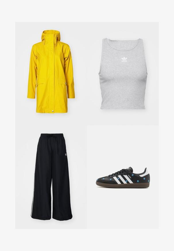 Geel waterdichte regenjas met capuchon, lange mouwen, twee voorzakken en een rechte snit. Voorzien van een verstelbare trekkoord en drukknoopsluitingen.; Grijze, mouwloze crop top gemaakt van een zachte stof, met een ronde halslijn en een klein wit Adidas-logo op de borst.; Zwarte wijde pijpen broek gemaakt van lichtgewicht stof. Heeft een elastische tailleband met een trekkoord en witte zijstrepen. Merklogo op de heup.; Zwarte leren sneaker met witte strepen en bloemenborduurwerk in het blauw. Heeft een bruine rubberen zool en een ronde neusontwerp.