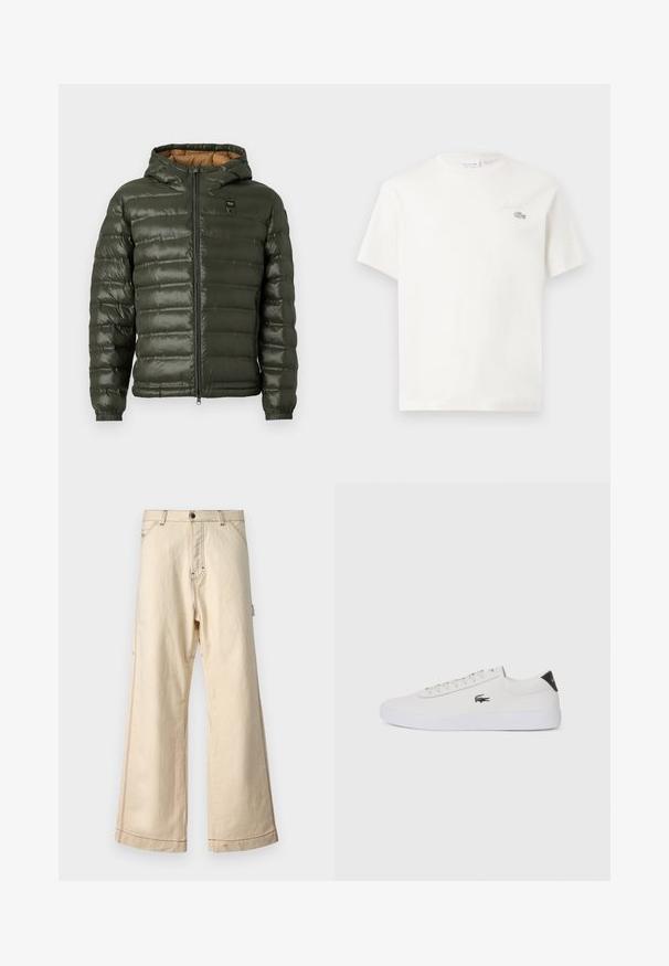 Oliņzaļā pufota jaka ar kapuci, ar rāvējslēdzēju priekšpusē, horizontāli izšūtu dizainu, elastīgiem piedurkņu galiem un gaiši brūnu iekšējo oderi.; Balts kokvilnas T-krekls ar īsām piedurknēm, kuram ir smalka izšūta logo un minimālisma dizains. Mīksta tekstūra, apaļa kakla izgriezums.; Bēša plaša kāju bikses, izgatavotas no kokvilnas, ar rāvējslēdzēju un pogu aizdari, ar kontrastējošām šuvēm un sānu kabatām.; Baltas ādas sporta apavu modelis ar noapaļotu purngalu, sasienamu priekšpusi un melnu papēža akcentu. Satur nelielu izšūtu krokodila logo sānos.