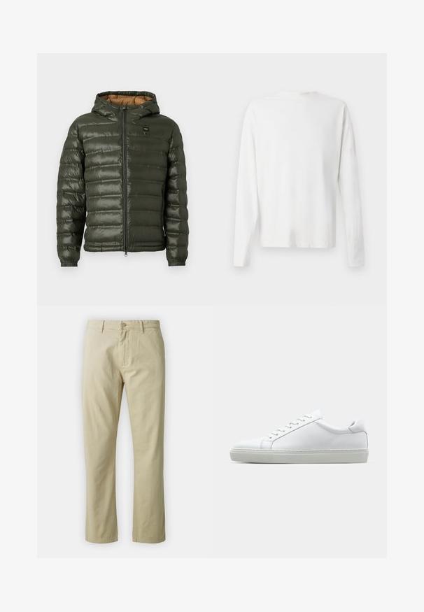 Doudoune vert olive avec capuche, dotée d'une fermeture éclair à l'avant, d'un design matelassé horizontal, de poignets élastiques et d'une doublure intérieure beige.; Chemise en coton blanc à manches longues avec un col rond, fentes latérales en bas et une texture lisse, présentée de dos.; Pantalon en coton beige avec une coupe droite, fermeture à bouton sur le devant et passants de ceinture. Texture lisse, sans motifs ou accents visibles.; Sneaker blanche avec une tige en cuir lisse et un profil bas. Présente un bout arrondi, six œillets et une semelle en caoutchouc texturé.