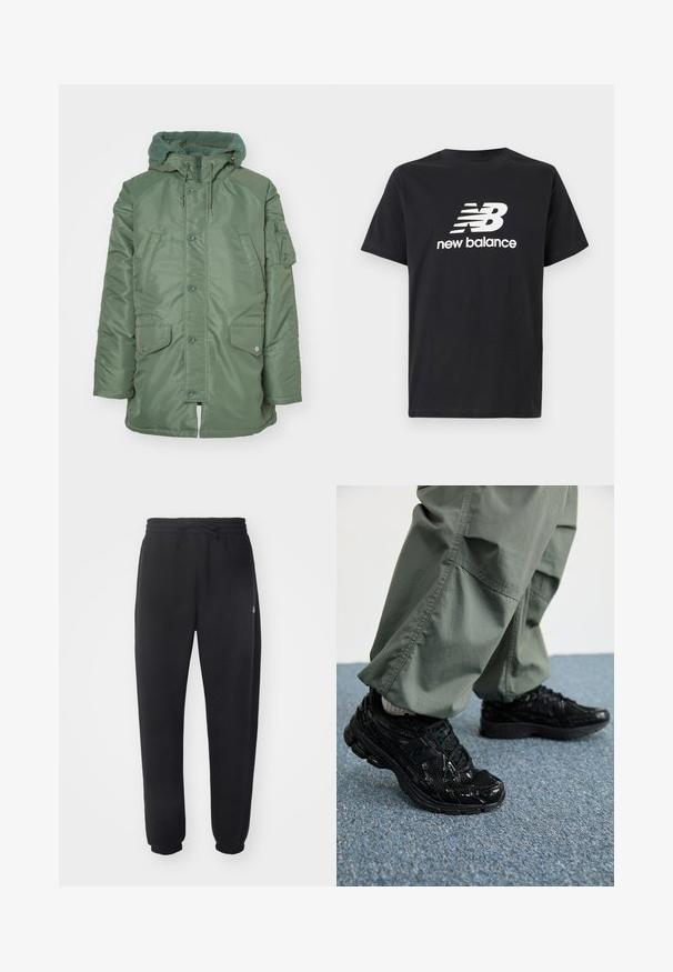 Green padded jacket with a textured fleece hood, front snap buttons, and two large side pockets. Features a zip pocket on the left sleeve.; Black cotton T-shirt featuring a white New Balance logo and graphic design on the front. Short sleeves and a crew neck.; Black sweatpants made of soft material with an elastic waistband, drawstring, and tapered cuffs, featuring a subtle logo on the side.; Black athletic sneakers with glossy and mesh textures, featuring a thick sole and laces, paired with loose olive-green cargo pants.