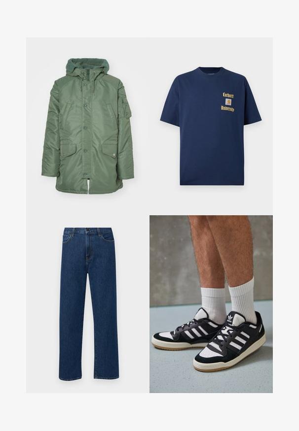 Zelena jakna s podstavom i teksturiranim kapuljačom od flisa, prednjim dugmadima na dugme i dva velika bočna džepa. Ima i zip džep na lijevoj rukavu.; Tamno plavi pamukasti majica s kratkim rukavima, s zlatnim natpisom "Carhartt University" i logotipom na lijevoj strani grudi.; Tamno plave traperice ravnog kroja s prednjim džepovima i kopčanjem na dugme, prikazane na jednostavnoj bijeloj pozadini.; Crne i bijele tenisice s gornjim dijelom od antilopa i kože, s tri bijele pruge, perforiranim prstom i gumiranim potplatom.