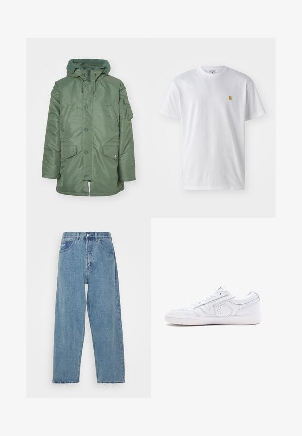 Casaco acolchoado verde com capuz de felpa texturizada, botões de pressão na frente e dois grandes bolsos laterais. Apresenta um bolso com fecho no braço esquerdo.; T-shirt branca de algodão com mangas curtas, decote redondo, apresentando um pequeno logótipo dourado na área do peito esquerdo. Textura macia e ajuste regular.; Jeans de denim azul claro com cintura alta e corte relaxado, apresentando dois bolsos frontais, um bolso traseiro com etiqueta e fecho de botão.; Sapatilha de couro branca com design de cano baixo, bico redondo, detalhes perfurados e sola texturizada. Inclui atacadores e detalhes de costura subtil.