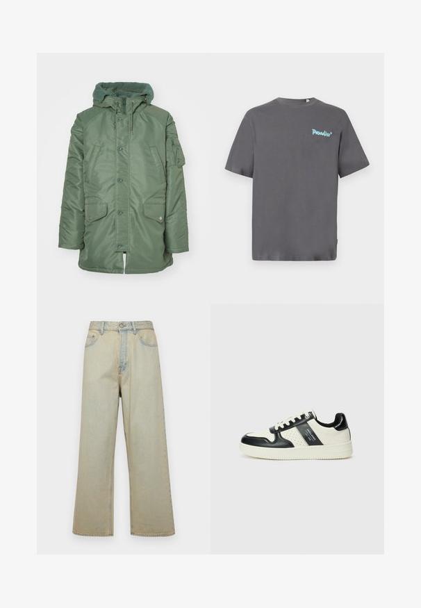 Zelená podšitá bunda s textúrovanou fleecovou kapucňou, prednými patentkami a dvoma veľkými bočnými vreckami. Obsahuje zipsové vrecko na ľavom rukáve.; Sivý krátky rukáv tričko vyrobené z bavlny. Má svetlomodré logo "Paradise" potlačené na ľavej hrudi. Klasický okrúhly výstrih.; Svetlomodré široké džínsy vyrobené z denimu s vyblednutým povrchom. Obsahujú päť vreciek a predné zapínanie na gombík.; Kožené tenisky v čierno-krémovej farbe, s perforovanými akcentmi, polstrovaným golierom a štruktúrovanou podrážkou.