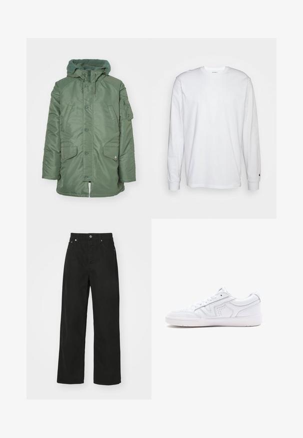Zelená prošívaná bunda s texturovanou fleecovou kapucí, předními cvoky a dvěma velkými bočními kapsami. Obsahuje zipovou kapsu na levém rukávu.; Bílá dlouhá tričko s dlouhými rukávy vyrobené z bavlny. Design s kulatým výstřihem, žebrované manžety a malé logo na levém rukávu. Hladká textura.; Černé džínové kalhoty s rovnými nohavicemi, obsahující pět kapes, zapínání na knoflík a klasický pas. Hladká textura.; Bílé kožené tenisky s nízkým střihem, kulatou špičkou, perforovanými detaily a texturovanou podešví. Obsahují tkaničky a jemné prošívání.