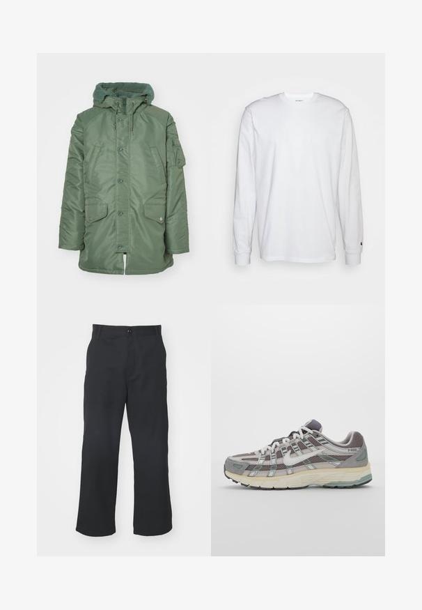 Zelena podložena jakna s teksturiranim flis kapuco, sprednjimi pritisnimi gumbi in dvema velikima stranskima žepoma. Ima tudi zadrgo žep na levem rokavu.; Bela dolgimi rokavi majica iz bombaža. Oblika s krožnim izrezom z rebrastimi manšetami in majhnim logotipom na levi rokavu. Gladka tekstura.; Črne hlače ravnega kroja iz tkanine z gladko teksturo, z zapiranjem na gumb spredaj in običajnimi žepi.; Sive športne čevlje z zgornjim delom iz mrežastega in semiš materiala, belimi akcenti, oblazinjenim podplatom ter edinstvenim dizajnom z odsevnimi elementi.