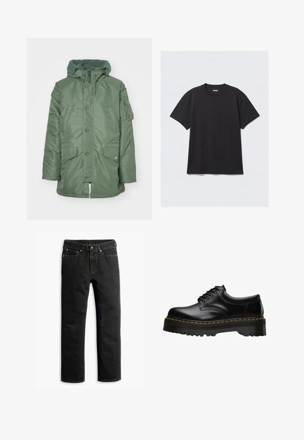 Grøn polstret jakke med en struktureret fleecehætte, frontknapper og to store sidelommer. Har en lynlås lomme på venstre ærme.; Sort kortærmet t-shirt lavet af bomuld. Har en rund halsudskæring og en afslappet pasform. Enkel design uden synlige mønstre eller accenter.; Sorte lige ben denim jeans med fem lommer, bæltestropper og en knaplukning i taljen, lagt fladt på en hvid baggrund.; Sorte læder snørebåndssko med en tykk, tandet sort gummisål og gul syning langs kanten, med en glat overflade.