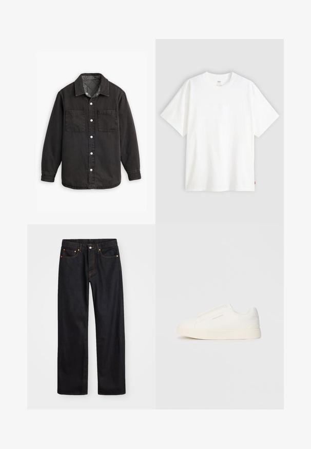 Černá denimová košile s kostkovanou podšívkou, dvěma náprsními kapsami a stříbrnými knoflíky. Má klasický límec a dlouhé rukávy.; Bílý krátký rukáv tričko vyrobené z bavlny s kulatým výstřihem. Na přední straně se nachází decentní embosované logo a červená cedulka na lemu.; Pánské černé džíny rovného střihu s pěti kapsami a oranžovým prošíváním, s knoflíkem a zipem na předním pásku.; Bílé slip-on tenisky s texturovaným povrchem, silnou podešví a minimalistickým designem. Na boku je umístěno logo značky.