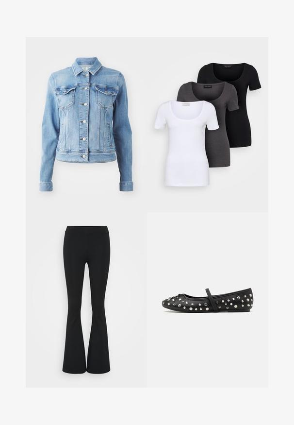 Svijetloplava traper jakna s prilagođenim krojem, dva džepa na prsima, dugmadi za zatvaranje i klasičnim ovratnikom. Glatka tekstura, blago istrošeni detalji.; Tri prilegla majica v beli, sivi in črni barvi. Vsaka ima širok izrez na vratu in kratke rokave. Narejene so iz gladkega, raztegljivega materiala.; Črne hlače s širokimi hlačnicami, izdelane iz raztegljive tkanine, z visokim pasom in gladko teksturo. Hlače se širijo od kolena navzdol.; Črne baletne scrapke iz usnja, okrašene s srebrnimi bleščečimi sprali. Vključujejo trak čez nart in zasnovo s zaobljenim prstom.