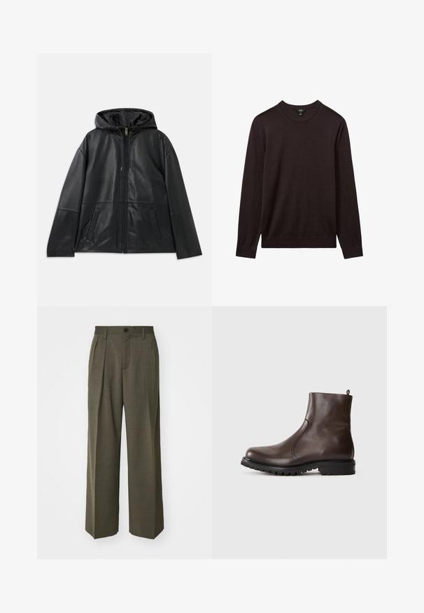 Melnas ādas zipa jaka ar kapuci un divām priekšējām kabatām, izlikta plakana uz balta fona.; Reiss Džemperis - dark bordeaux; Filippa K WIDE TROUSERS - Auduma bikses - driftwood; Brūnas ādas potītes zābaki ar gludu tekstūru, elastīgām sānu paneļiem, cilpu aizmugurē un izturīgu gumijas zoli.