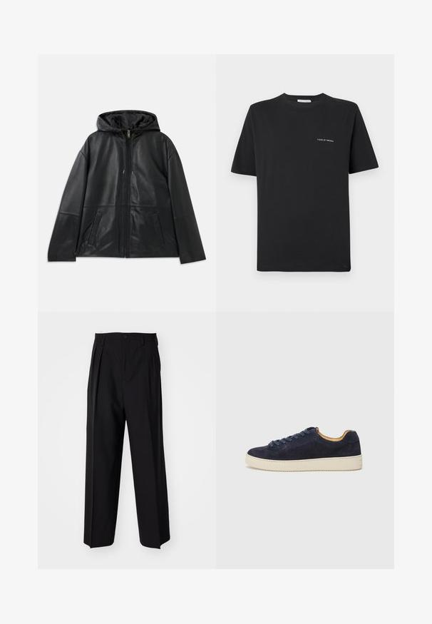 Svart läderjacka med dragkedja och huva samt två framfickor, visad liggande på en vit bakgrund.; Svart bomull T-shirt med rund halsringning, korta ärmar och en liten vit "TIGER OF SWEDEN" logotyp på bröstet. Klassisk passform.; Svarta plisserade byxor med en rak, bred bendesign. Tillverkade av ett slätt tyg, med knäppning fram och bälteshällor.; Marinblå mocka låg sko med rund tå, off-white gummisula och matchande snören; har en kontrasterande tanfärgad innersula.