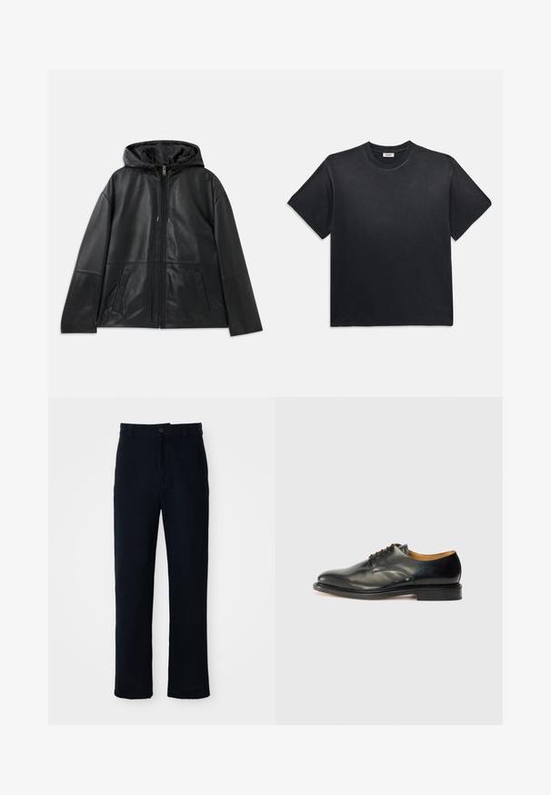 Schwarze Lederjacke mit Reißverschluss und Kapuze, mit zwei vorderen Schlitztaschen, flach auf einem weißen Hintergrund präsentiert.; Schwarzes Baumwoll-T-Shirt mit rundem Ausschnitt und kurzen Ärmeln. Verfügt über eine lockere Passform, eine glatte Textur und ein minimalistisches Design.; Dunkelblaue Baumwollhosen mit geradem Bein, einem Frontknopfverschluss und einem klassischen Bund mit Gürtelschlaufen.; Schwarzer Lederschuh mit glatter Oberfläche, abgerundetem Zehenbereich und minimaler Schnürung. Verfügt über ein dezentes Design und eine niedrige, robuste Gummisohle.