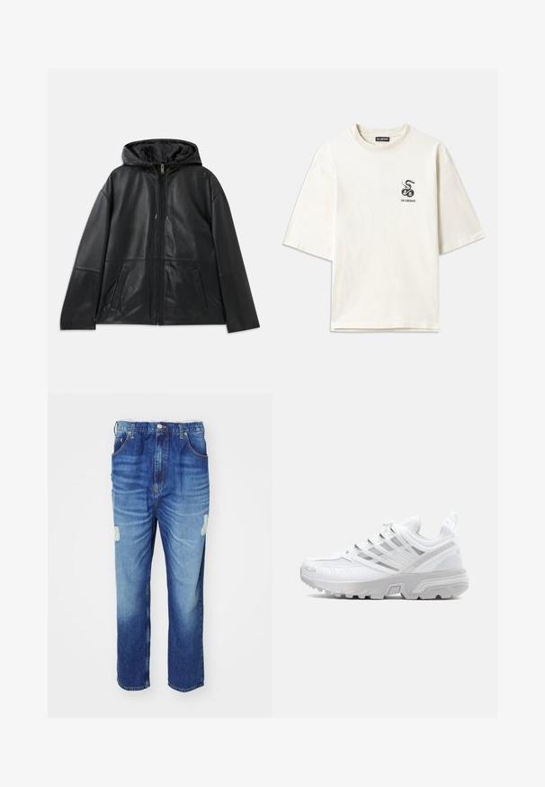 Μαύρο δερμάτινο μπουφάν με φερμουάρ και κουκούλα, με δύο μπροστινές τσέπες, τοποθετημένο επίπεδα σε λευκό φόντο.; Κρεμ T-shirt σε μακριά γραμμή, φτιαγμένο από βαμβάκι. Διαθέτει κοντά μανίκια και μια μικρή μαύρη γριά φίδι στη αριστερή πλευρά του στήθους.; Μπλέ τζιν παντελόνι με ξεθωριασμένο φινίρισμα, διαθέτει φθαρμένη περιοχή στο γόνατο, πέντε τσέπες και ευθεία γραμμή.; Λευκό αθλητικό παπούτσι με ανάγλυφη δικτυωτή επένδυση, κομψό σχέδιο, ενισχυμένο σημείο στη μύτη και ασημένιες λεπτομέρειες στο σύστημα κορδονιών και στη μεσοσόλα.