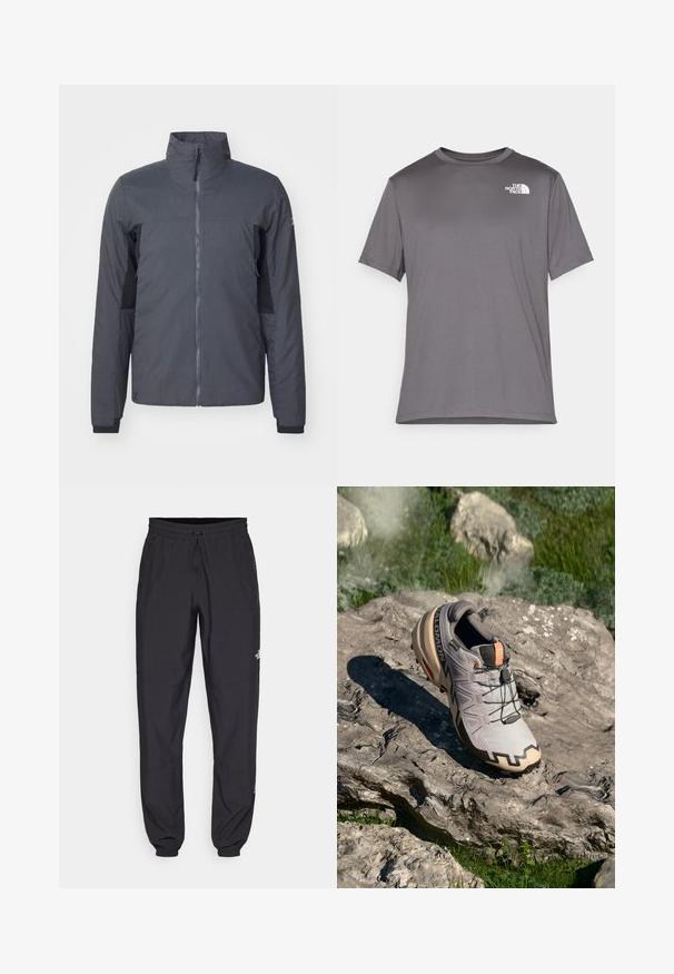 Berghaus GUIDE HYBRID - Āra jaka - grey/jet black; Pelēks īso piedurknu sporta T-krekls, kas izgatavots no gludas, vieglas auduma. Iekļauj baltu logotipu kreisajā krūtīs. Apaļas kakla dizains.; Melni sporta bikses, kas izgatavotas no viegla auduma, ar savelcamu jostu, sānu kabatām un sašaurinātiem apakšējiem galiem pie potītēm.; Gaišs pelēks taku skriešanas apavs ar bēšiem akcentiem, teksturēta virsma, melnas mežģīnes un izteikta zole. Satur zīmola logo.