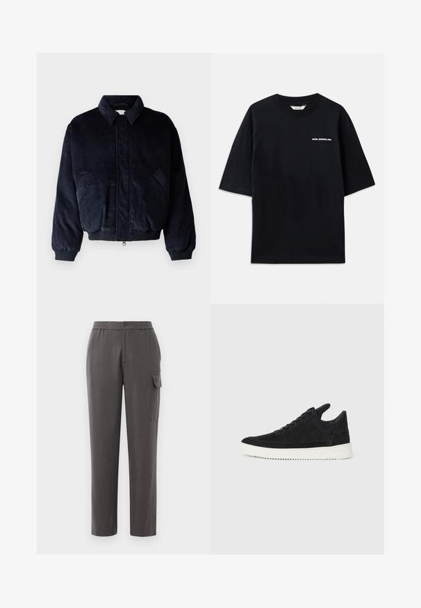 Henrik Vibskov SHAPE - Bomberjacks - dusk ink; Zwarte katoen T-shirt met korte mouwen, ronde hals en een klein wit "HOLZWEILER" logo op de voorkant, met een losse pasvorm.; Grijze broek met een ontspannen pasvorm, gemaakt van een gladde stof. Voorzien van een knoopsluiting, zijzakken en een cargozak op het been.; Zwarte suède sneakers met een witte rubberen zool, voorzien van tonale stiksels en een vetersluiting. Glad oppervlak met een moderne, gestroomlijnde vorm.