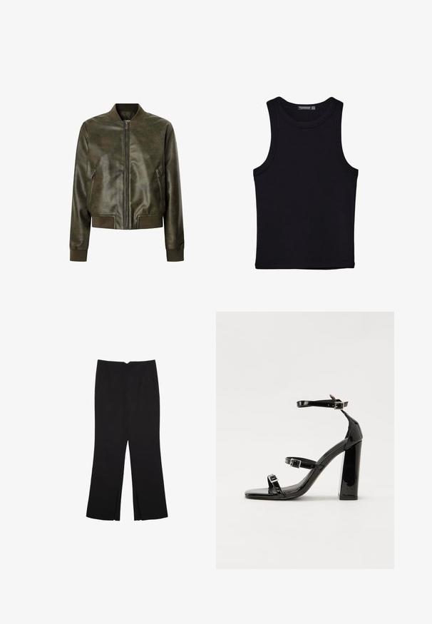 Olive zelena usnjena bombarderska jakna s sprednjim zadrgo, rebrastimi manšetami in robom. Ima stranske žepe in gladko, sijočo teksturo.; Črna majica brez rokavov iz bombaža, z okroglim izrezom in širokimi odprtinami za roke. Gladka tekstura s šivi na robovih. Klasičen, minimalističen dizajn.; Črne hlače ravnega kroja z naglavnimi žepi in stranskimi razporki na robu. Narejene iz mehke, gladke tkanine. Primerne za različne priložnosti.; Črne lakaste sandale z visokimi petami, z dvema trakovoma z zaponkama, kvadratnim sprednjim delom in masivno širšo peto, z gladko, sijočo teksturo.