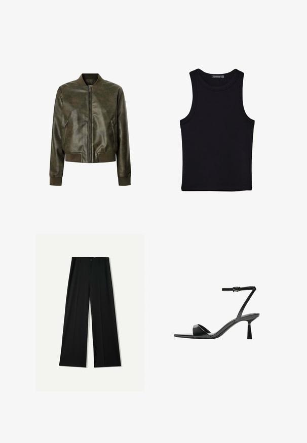Olive zelena usnjena bombarderska jakna s sprednjim zadrgo, rebrastimi manšetami in robom. Ima stranske žepe in gladko, sijočo teksturo.; Črna majica brez rokavov iz bombaža, z okroglim izrezom in širokimi odprtinami za roke. Gladka tekstura s šivi na robovih. Klasičen, minimalističen dizajn.; Bershka WIDE - Hlače - black; Bershka Sandali z visoko peto - black