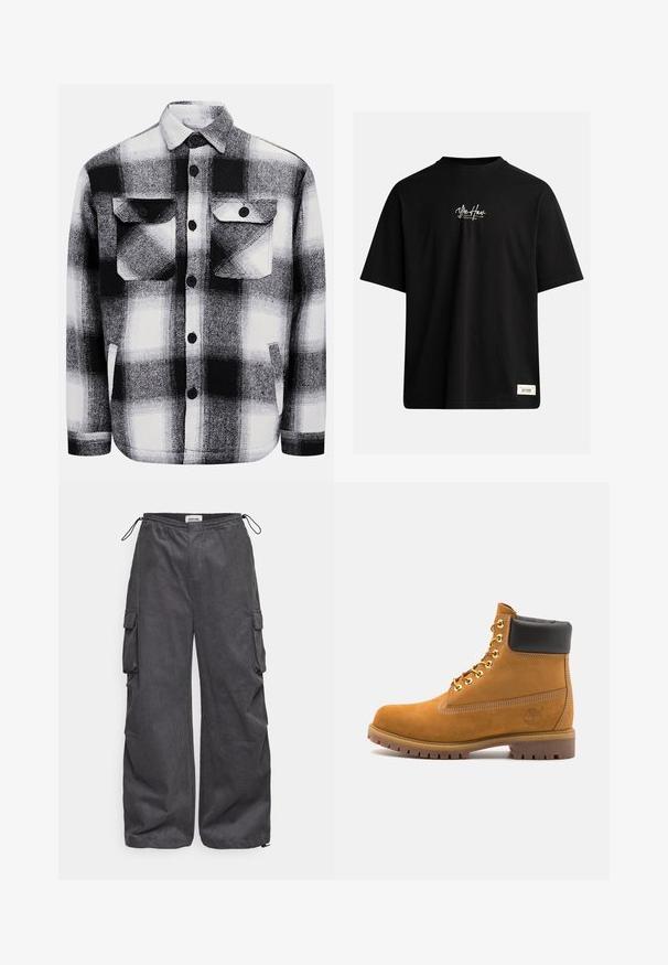Black and white checkered flannel shirt, featuring two front pockets, button closures, and a soft texture. Classic plaid pattern.; Black short-sleeve t-shirt made of cotton. Features a small white logo on the chest and a rectangular label on the bottom right.; Gray cargo pants with a textured fabric, elastic waistband, drawstring, and side pocket details. Loose fit with wide legs.; Tan suede ankle boot with black padded collar, gold metal eyelets, white stitching detailing, and rugged rubber sole with pronounced treads.