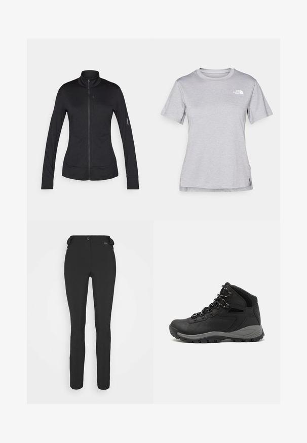 Svart zip-up jakke med høy krage, lange ermer og sidelommer. Glatt tekstur med merkevaredetalj på venstre erme.; Grå kortermet t-skjorte laget av myk, fukttransporterende stoff. Har en rund hals og en liten hvit logo på øvre venstre side.; Svart, tettsittende bukser laget av et fleksibelt materiale. Funksjoner inkluderer en glidelåslukket sidelomme, artikulerte knær og en glatt tekstur.; Sorte turstøvler med mid-topp design, som har en teksturert overdel, grå detaljer og slitesterk gummisåle med godt grep.