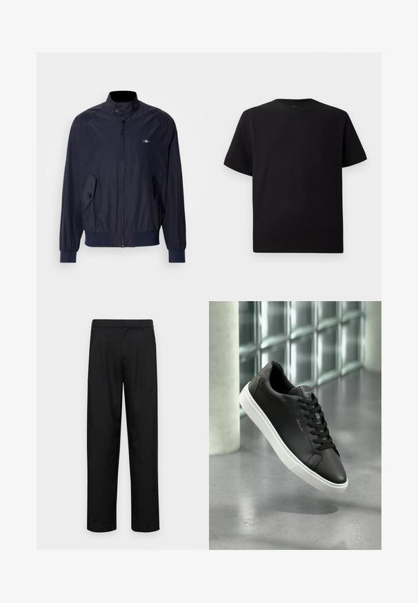 Tamsiai mėlynas vėjalenkis su aukštu apykakle, užtrauktuku ir dviem sagutėmis uždarytomis šoninėmis kišenėmis. Lygus audinys ir elastingi rankogaliai.; Juodas trumpomis rankovėmis marškinėliai, pagaminti iš tekstūruotos medžiagos, su apvaliu iškirpimu ir laisvu siluetu. Paprasti, be raštų ar akcentų.; Juodi kelnių modeliai, pagaminti iš lygios medžiagos, turi tiesią kojas, du priekiniai klostės ir standartinę juosmenį su diržo kilpomis.; Juodas odinis sportinis batelis su balta guma, apvaliu priekiu ir raišteliais. Pasižymi lygiu paviršiumi ir subtiliu logotipu ant liežuvio.