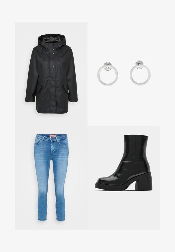 Juodas vandeniui atsparus striukė su gaubtu, priekyje su užsegimais, reguliuojamu raišteliu gaubtu ir dviem kišenėmis su atvartais bei snapeliu.; Trys ilgomis rankovėmis apkirptos palaidinės, spalvų: balta, smėlinė ir tyliai mėtinė, su apvaliais iškirpimais, ant šviesiai pilko fono.; Šviesiai mėlynos džinsinės, prigludusios kelnės su vidutinio aukščio juosmeniu, penkių kišenių dizainu ir nelygiais galais ties kulkšnimis. Priklausomybės etiketė matoma ties juosmeniu.; Juodi kulkšniniai batai su blizgiu paviršiumi, kvadratiniu pirštu ir storu blokiniu kulnu. Dizainas pasižymi be siūlių siluetu ir minimalia ženklinimo. ; Sidabriniai metaliniai auskarai žiedų pavidalu su šveitimo tekstūra, turintys apvalų dizainą ir skaidrų laikiklį saugiam dėvėjimui.