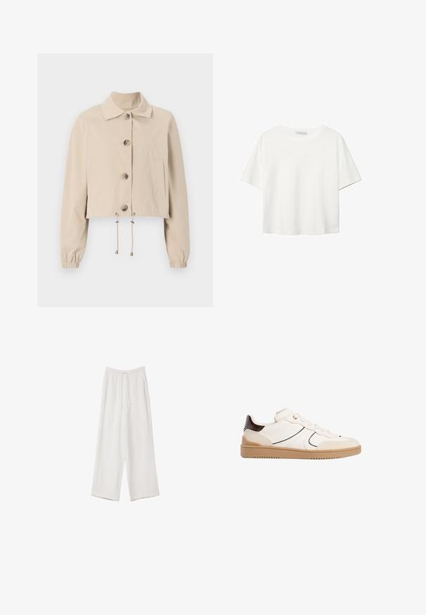 Beige cropped jacket with a collared neckline, large front buttons, elasticized cuffs, and drawstring hem. Features side pockets.; White short-sleeve t-shirt made of cotton. Features a crew neckline and a relaxed fit. Smooth texture with no visible patterns or accents.; White wide-leg trousers made from a lightweight fabric. Features an elastic waistband with a drawstring and side pockets. Smooth texture.; Stradivarius Trainers - white
