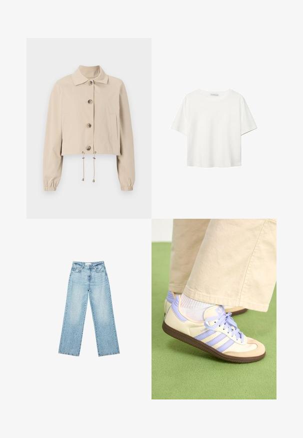 Bež kratki jakna s ovratnikom, velikim prednjim gumbima, elastičnim manžetama i pojasom s uvučenom žicom. Ima bočne džepove.; Bijela majica kratkih rukava od pamuka. Ima okrugli izrez i opušteni kroj. Glatka tekstura bez vidljivih uzoraka ili naglasaka.; Svijetloplave široke traperice s visokim strukom, s izbljeđenim pranjem i malim, raštrkanim oštećenjima na cijeloj površini.; Kremasto-ljubičaste tenisice s tri pruge i strukturiranim smeškim potplatom, s vezicama i podstavljenim petom. Mekana gornja tkanina.