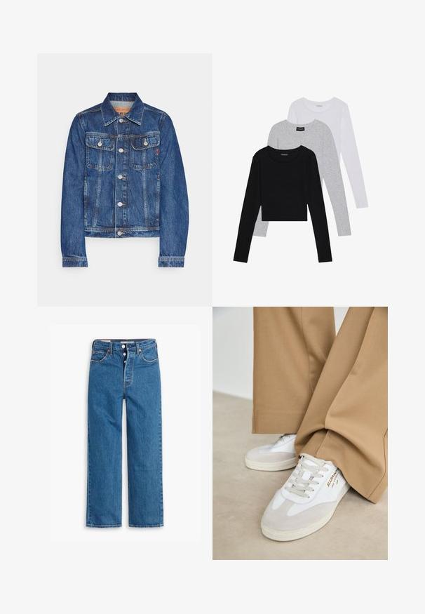 Diesel BONNY - Traper jakna - blue denim; Tri dugih rukava posložena: crna, siva i bijela. Svaka ima okrugli izrez i skrateni kroj s glatkom, laganom tkaninom.; Plave traperice ravnog kroja s visokim strukom, dizajn s pet džepova i dugmetom za zatvaranje. Primjetno šavovi i zakovice u boji bakra.; Bijele tenisice s velur detaljima, teksturiranim vezicama i gumenenim potplatom. Uparene s labavim bež hlačama. Logo prikazan sa strane.