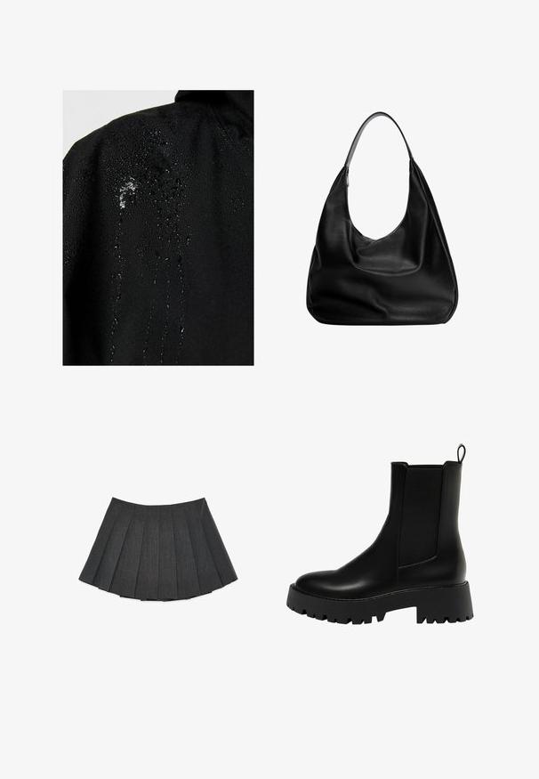 Czarna wodoodporna kurtka z kroplami wody osadzonymi na materiale, z gładką teksturą i minimalistycznym wzornictwem.; Sweter dziane w ciemnoszarym kolorze o oversize'owym kroju, z geometrycznym wzorem w odcieniu kremowym przedstawiającym okręgi i prostokąty. Wysoka konstrukcja dekoltu.; Plisowana spódnica w ciemnoszarym kolorze, wykonana z teksturowanej tkaniny. Charakteryzuje się rozkloszowanym krojem z równomiernie rozmieszczonymi plisami i płaskim paskiem w talii.; Czarny skórzany botek za kostkę z fakturowaną boczną wstawką, zaokrąglonym noskiem i grubą platformą z bieżnikiem w zygzak.; Czarna skórzana torba hobo o swobodnym fasonie, szerokim pasku na ramię i gładkiej fakturze. Posiada pojedyncze zapięcie na zamek z boku.