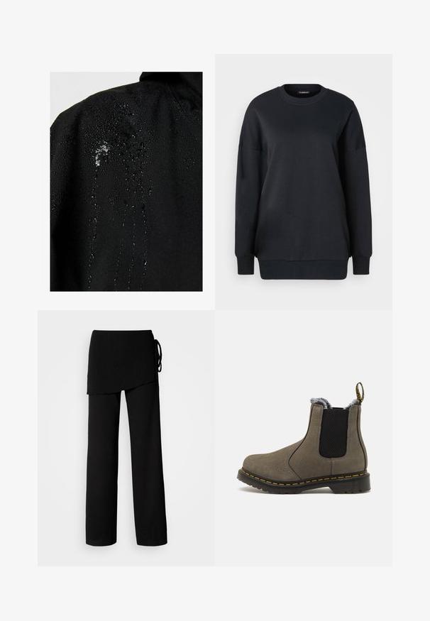 Chaqueta negra impermeable con gotas de agua que se acumulan en la tela, mostrando una textura suave y características de diseño mínimas.; Sudadera negra de algodón, con cuello redondo, mangas largas y un corte relajado. Textura suave con puños y bajo de canalé.; Pantalones de pierna amplia en negro, confeccionados con una tela texturizada y ligera. Presentan una cinturilla asimétrica en capas anudada de lado.; Bota de tobillo de cuero gris con paneles laterales elásticos, forro interior suave, costuras amarillas y suela de goma resistente.