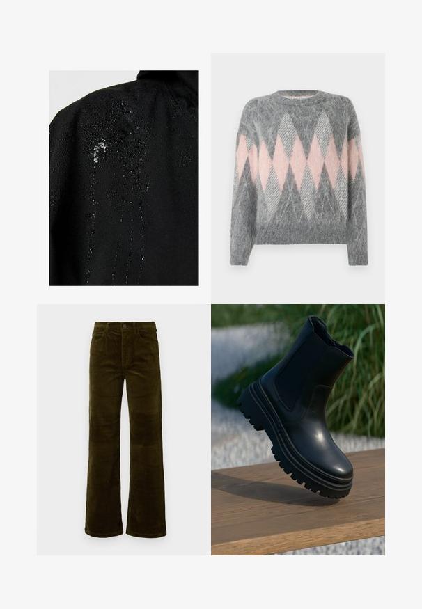 Musta vedenpitävä takki, jossa on vettä helmiäisenä kankaalla, esittäen liukasta tekstuuria ja vähäisiä muotoiluelementtejä.; Harmaa villaneule, jossa on vaaleanpunaisia ja vaaleanharmaita timanttikuvioita. Pyöreä kaula-aukko ja resorireuna. Pehmeä rakenne, pitkät hihat.; Syvän oliivinvihreät korduroy-levyhihaiset housut. Varustettu viidellä taskulla, napilla suljettuna ja pystyribbitekstuurilla. Normaali malli klassisella muotoilulla.; Mustaa nahkaa oleva nilkkabotti, jossa on paksu pohja, venytyskaarit ja sileä pinta. Kohotettu muotoilu, jossa on kontrastivärit pohjan yksityiskohdissa.