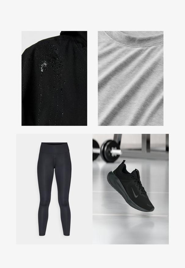 Schwarze wasserdichte Jacke mit Wassertropfen, die auf dem Stoff perlen, und einer glatten Oberfläche sowie minimalen Designelementen.; Hellgrauer Stoff mit glatter Textur, der einen gerippten Rundhalsausschnitt und subtile Falten aufweist, die seine Weichheit und Flexibilität betonen.; Schwarze Leggings aus glattem, dehnbarem Stoff. Hoher Bund ohne sichtbare Muster oder Akzente. Enganliegend von der Taille bis zu den Knöcheln.; Schwarzer Sportsneaker mit Nike-Logo, mid-air über dem Boden des Fitnessstudios, mit unscharfem Hantelregal im Hintergrund.