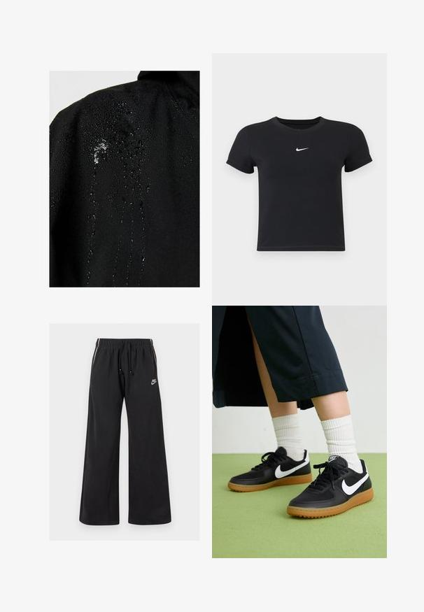 Melnā ūdens necaurlaidīgā jaka ar ūdens pilienu lodēšanu uz auduma, demonstrējot gludu tekstūru un minimālu dizaina elementu skaitu.; Melns īsām piedurknēm T-krekls no kokvilnas ar apaļu kakla izgriezumu. Ar balto Nike logotipu uz krūtīm, minimālisma dizains un pieguļošs siluets.; Melni sporta bikses, kas izgatavotas no mīksta auduma, ar elastīgu jostu un šņorējamu, sānu svītrām un mazu logo kreisajā priekšpusē.; Melna āda un sintētiska materiāla sporta apavi ar baltu Nike logo, gumijas zole, apaļa purngala forma un melni šņores. Redzamas ribotas baltas zeķes.