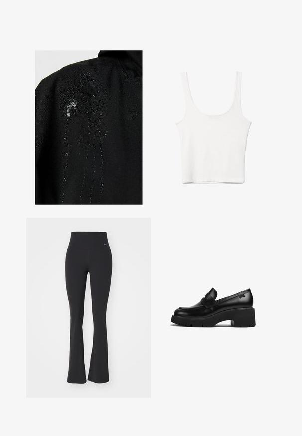 Czarna wodoodporna kurtka z kroplami wody osadzonymi na materiale, z gładką teksturą i minimalistycznym wzornictwem.; Biały bawełniany top na ramiączkach z okrągłym dekoltem, bez rękawów, o dopasowanym kroju. Gładka tekstura, prosty fason i minimalne detale szwowe.; Czarne legginsy do jogi z wysokim stanem, wykonane z elastycznej tkaniny. Posiadają rozszerzający się krój oraz małe logo Nike na talii.; Czarne skórzane loafery na grubej podeszwie z szerokim obcasem i paskiem na górze, zaprezentowane z boku na białym tle.