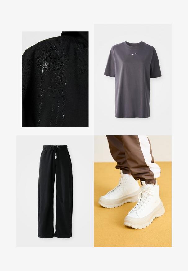 Juoda nepralaidi striukė su vandens lašeliais, besiskiriančiais ant audinio, demonstruojanti lygią tekstūrą ir minimalius dizaino bruožus.; Tamsiai pilkas trumpomis rankovėmis marškinėliai, pagaminti iš švelnios medvilnės, su mažuoju baltu Nike swoosh logotipu krūtinėje ir klasikiniu apvaliu iškirpimu.; Juodos sportinės kelnės, pagamintos iš minkštos medžiagos, su raišteliu juosmens srityje ir laisvu siluetu. Be raštų. Paprastas dizainas su atlenktais galais ir šoninėmis kišenėmis.; Baltos aukštos sportinės bateliai su masyviu, tekstūruotu padu, sklandžiu viršumi, apvalia nosimi ir toniniu raišteliu, prieš geltoną foną.