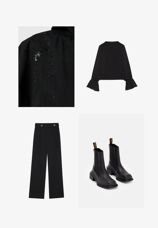 Czarna wodoodporna kurtka z kroplami wody osadzonymi na materiale, z gładką teksturą i minimalistycznym wzornictwem.; Czarny top z długim rękawem, z rozkloszowanymi mankietami, miękką fakturą i luźnym krojem, z prostym okrągłym dekoltem.; Czarne szerokie spodnie z wysokim stanem, z detalami w postaci guzików na pasku oraz plisami z przodu.; Czarne botki za kostkę wykonane z gładkiej skóry, z elastycznymi bocznymi panelami, kwadratowym noskiem i grubym obcasem. Zawierają żółte uchwyty z logo.