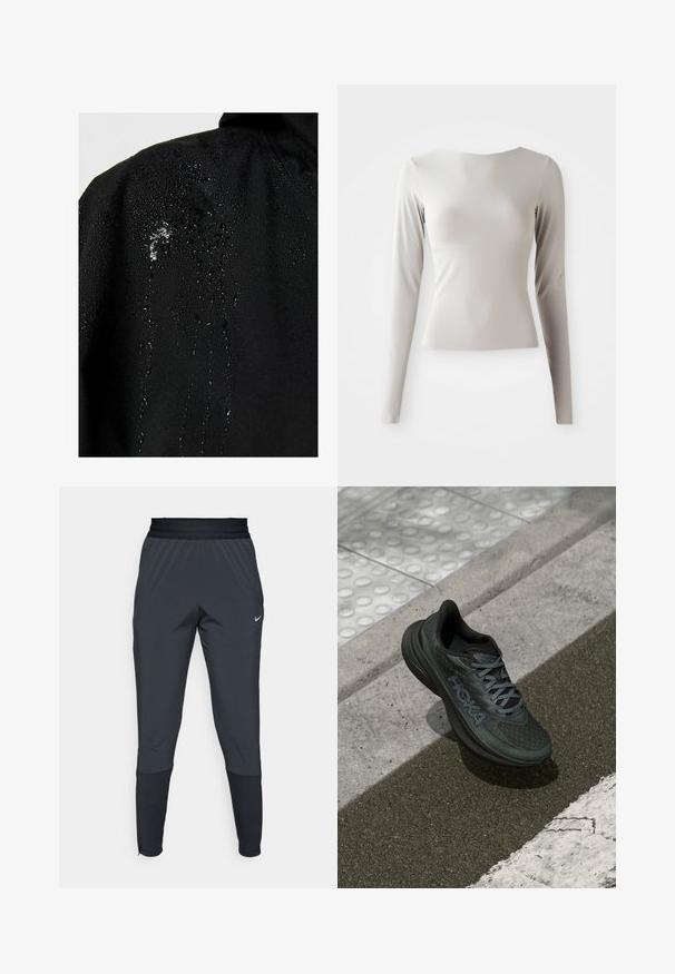 Must mustem jacket, mille peal on veepiisad, mis moodustavad kanga pinnale tilkade kujul, näidates sujuvat tekstuuri ja minimaalseid kujunduselemente.; Helehall pikkade varrukatega topp, mis on valmistatud siledast ja libedast kangast, ümarate kaelustega ja kitseneva siluetiga. Džempril on all veidi laienev äär.; Nike spordipüksid tumeshallis, kitsa jala disainiga, elastse vöökoha ja aktsentdetailidega pahkluude lähedal.; Musthave mustad jooksujalats, millel on võrkpinna ülemine osa, tekstuuriga aktsendid ja logo, millel on pehme sola ja hallid paelad, asetatud asfaldile.