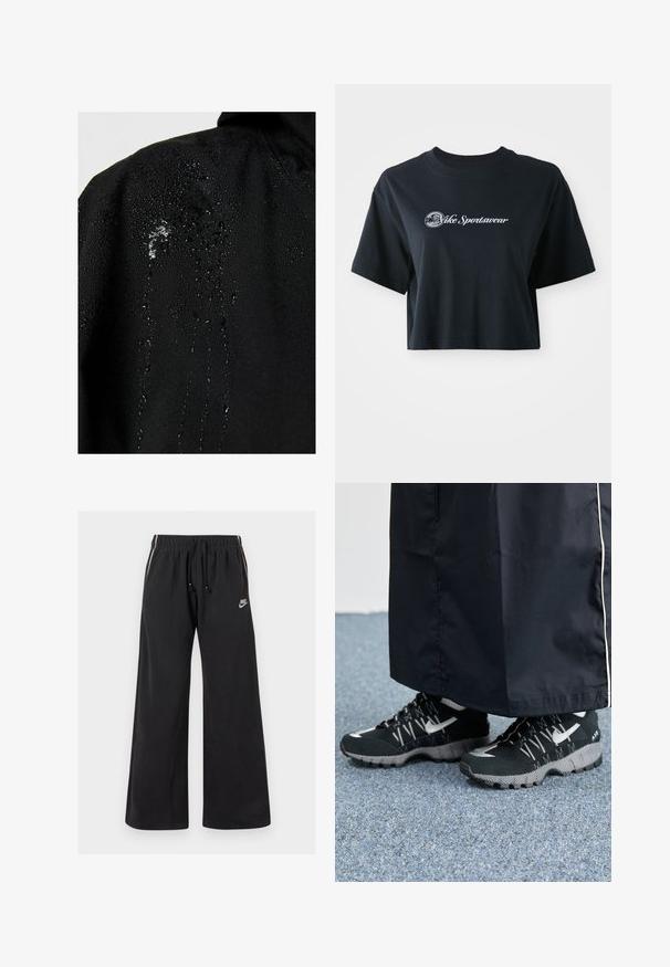 Juoda nepralaidi striukė su vandens lašeliais, besiskiriančiais ant audinio, demonstruojanti lygią tekstūrą ir minimalius dizaino bruožus.; Trumpa juoda medvilnė t-shirt su trumpomis rankovėmis, su balta etikete "Vice Sportswear" ir apskritu grafiku priekyje.; Juodos sportinės kelnės, pagamintos iš minkštos medžiagos, su elastingu juosmeniu ir virvute, šoninėmis juostomis ir maža logotipu kairėje priekyje.; Juodi sportiniai bateliai su tekstūruota viršutine dalimi, sidabriniais akcentais ir raštuotu padu, derinami su juoda ilga apranga. Fonas - mėlynas kilimas.