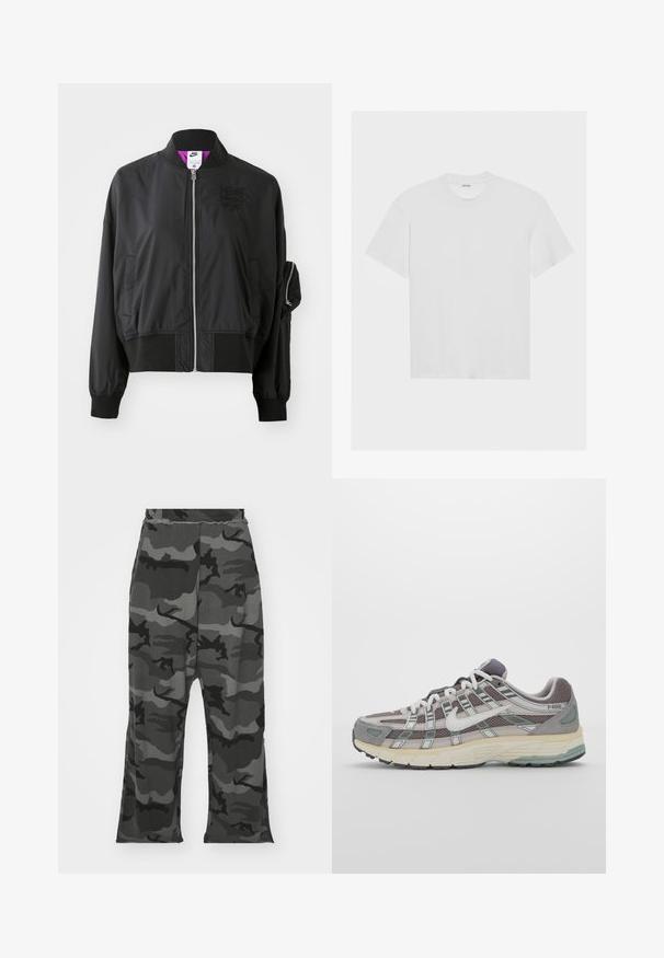 Black bomber jacket with a zip front, stand-up collar, elastic cuffs, and a side pocket. Features a sleek, smooth texture and subtle branding.; White cotton t-shirt with short sleeves, crew neck, and a relaxed fit. Smooth texture and no visible patterns or accents.; Camouflage sweatpants in shades of black and gray, with an elastic waistband, relaxed fit, and slight splits at the bottom of the legs.; Gray athletic shoe featuring a mesh and suede upper, white accents, a cushioned sole, and a distinctive design with reflective elements.