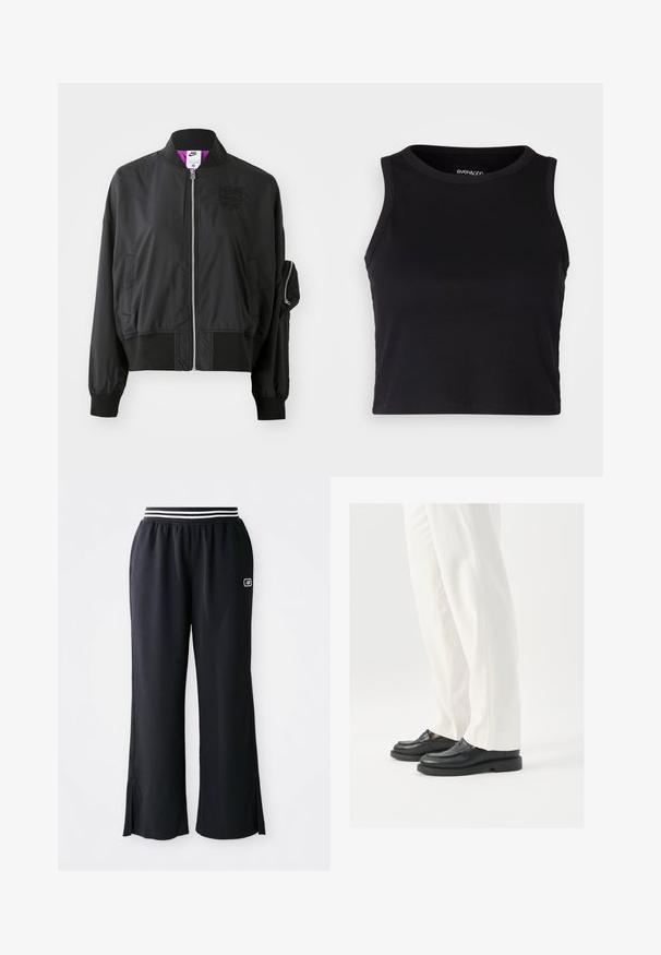 Melnā bumbiera jakas ar rāvējslēdzēja priekšpusi, stāvošu apkakli, elastīgām piedurknēm un sānu kabatu. Raksturīga gluda, viendabīga tekstūra un diskrēta zīmola identifikācija.; Melna ribota īsā topa ar apaļu kakla izgriezumu un bez piedurknēm. Izgatavota no mīksta, elastīga auduma, ar tīrām apgrieztām malām.; Melnas sportiskās bikses ar plašu kāju dizainu, elastīga josta ar melnbaltām svītrām un sānu šķeltnēm apakšmalā.; Melni ādas loafers ar gludu tekstūru, šuvju detaļām un apaļu pirkstu daļu, apvienoti ar baltām pielāgotām biksēm.