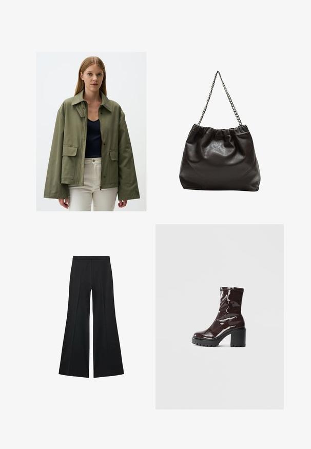 Oliwkowa kurtka z teksturowanej tkaniny, z zamkiem błyskawicznym, dwoma przednimi kieszeniami i szerokim kołnierzem. Nosi na granatowej bluzce.; Czarna koszula z długim rękawem z gładkiego materiału, z klasycznym kołnierzykiem, zapięciem na guziki z przodu w złotym odcieniu oraz szerokimi mankietami.; Czarne spodnie o szerokich nogawkach z gładką teksturą, z przodu ozdobione zakładkami i skrojonym fasonem. Materiał jest lekki i zwiewny.; Błyszczące bordowe botki za kostkę z masywną czarną obcasem, charakteryzujące się gładką teksturą i prostym wzornictwem. Brak widocznych zapięć lub wzorów.; Brązowa skórzana torba z marszczonym szczytem i łańcuszkowym paskiem. Gładka tekstura z błyszczącym wykończeniem i subtelnymi detalami szwów po bokach.