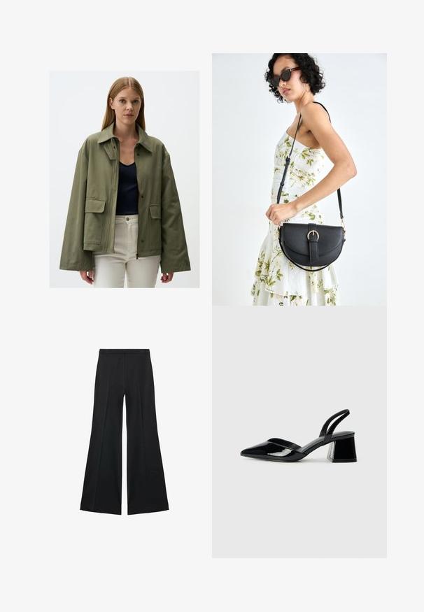 Giacca verde oliva realizzata in tessuto testurizzato, con chiusura a zip, due tasche frontali e un ampio colletto. Indossata sopra un top blu navy.; Maglietta nera a maniche lunghe in tessuto morbido, con colletto classico, chiusura frontale con bottoni dorati e polsini ampi.; Pantaloni neri a gamba larga con una texture liscia, caratterizzati da pieghe frontali e un design sartoriale. Il tessuto è leggero e fluido.; Décolleté in vernice nera con punta affusolata e tacco in geometria cubica. Presentano un design elegante e minimalista, con una texture liscia.; Borsa a tracolla nera in pelle con una forma curva, manico rimovibile e accessori dorati. La borsa presenta una patta con un dettaglio a fibbia.