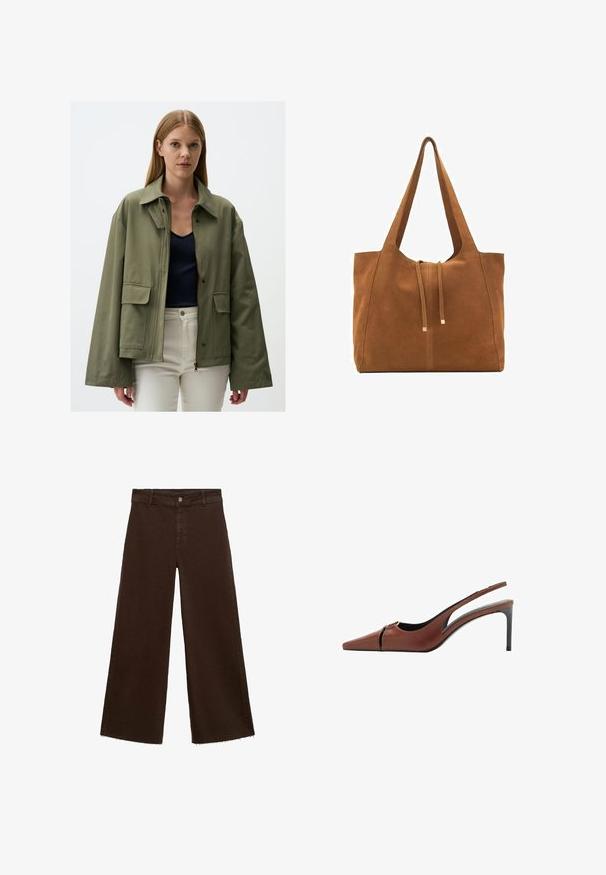 Olijfgroene jas van gestructureerde stof, met een ritsluiting, twee voorzakken en een brede kraag. Draagt over een marineblauw top.; Bruine T-shirt met korte mouwen, gemaakt van zachte katoen. Heeft een ronde halslijn en een recht model, met een gladde textuur en geen zichtbare patronen.; Bruine wijde broek in katoenmix, met een rafelige zoom, sluiting met een knoop aan de voorkant en een klassieke vijf-pocketstijl. Minimalistisch en veelzijdig.; Bruine leren slingback hakken met een spitse neus, uitsnijding bij de bovenkant en een elegante stilettohak. Glad oppervlak.; Bruine suède schoudertas met twee lange hengsels, trekkoordsluiting en minimalistisch ontwerp. Gladde textuur en geen zichtbare hardware-accenten.