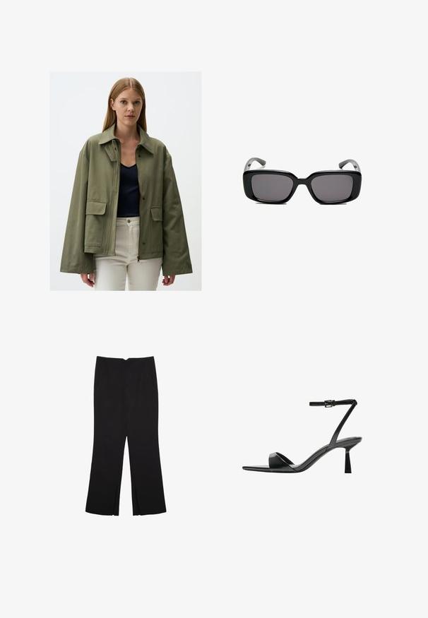 Olive green jacket made of textured fabric, featuring a zip closure, two front pockets, and a wide collar. Worn over a navy top.; Black long-sleeve cropped top with round neckline, plain design, and a slightly curved hem.; Black trousers with a straight fit, featuring front pockets and side slits at the hem. Made of soft, smooth fabric. Suitable for various occasions.; Bershka High heeled sandals - black; Black rectangular sunglasses with dark lenses, smooth plastic frame, and curved temples. The design is chunky with a minimalist aesthetic.
