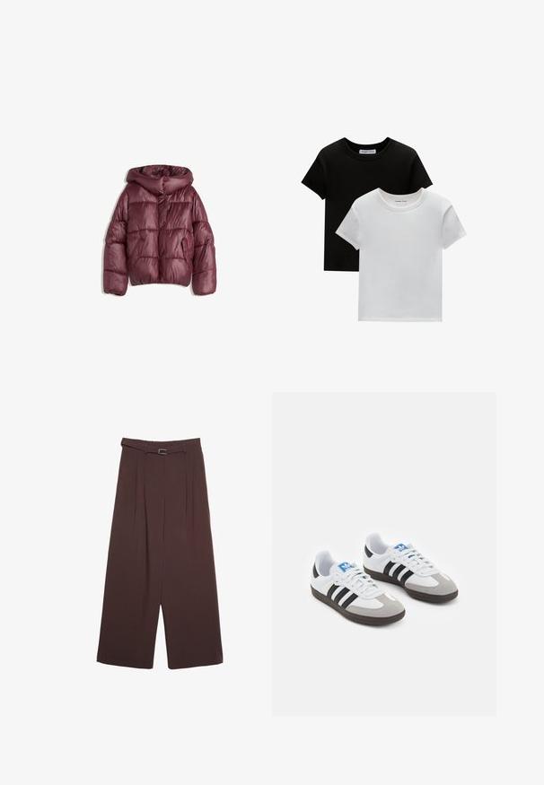 Bordowa, puchowa kurtka z kapturem o błyszczącym wykończeniu. Posiada dwie boczne kieszenie oraz zapięcie na guziki z przodu. Całość zaprojektowana w pikowany wzór.; Dwie koszulki z okrągłym dekoltem w kolorze czarnym i białym, wykonane z bawełny. Posiadają krótkie rękawy i jednolity kolor bez wzorów czy akcentów.; Stradivarius - Spodnie materiałowe; Buty sportowe z białą skórzaną cholewką, szarym zamszowym noskiem i trzema czarnymi paskami. Posiadają niebieskie logo na języku oraz teksturowaną gumową podeszwę.