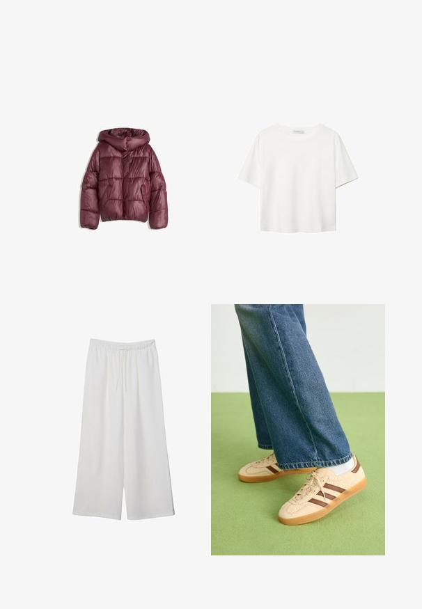 Bordová, nadýchaná bunda s kapucňou a lesklým povrchom. Má dve bočné vrecká a zapínanie na gombíky vpredu. Prešívaný dizajn po celom obvode.; Biela krátkopsová tričko vyrobené z bavlny. Má okrúhly výstrih a voľný strih. Hladká textúra bez viditeľných vzorov alebo akcentov.; Biele široké nohavice z ľahkého materiálu s elastickým pásom a šnúrkou na nastavenie veľkosti. Hladká textúra.; Béžové tenisky s textúrovanými krémovými panelmi a hnedými pruhmi, skombinované s modrými džínsami. Džínsy majú široké nohavice a roztrhnutý lem.