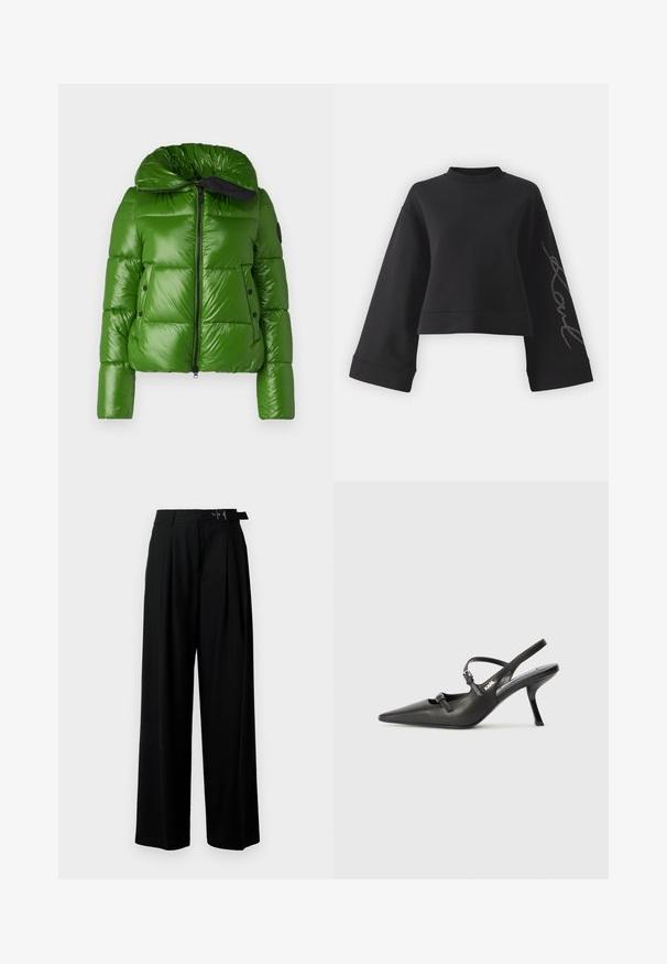 Save the duck ISLA - Žieminė striukė - grass green; Juodas trumpintas megztinis iš minkštos medžiagos. Turi platesnes rankoves ir aukštą apykaklę su sidabriniais cirkonių papuošimais ant vienos rankovės.; Juodos plačios kojų kelnės su aukštu liemeniu, priekinėmis klostėmis ir diržu su sagtimi. Pagamintos iš lygaus, lengvo audinio.; Juodi odiniai slingback kulniukai su smailiu pirštu, siauru kulnu ir dekoratyvine sagtimi viršuje. Lygus paviršius ir elegantiškas dizainas.