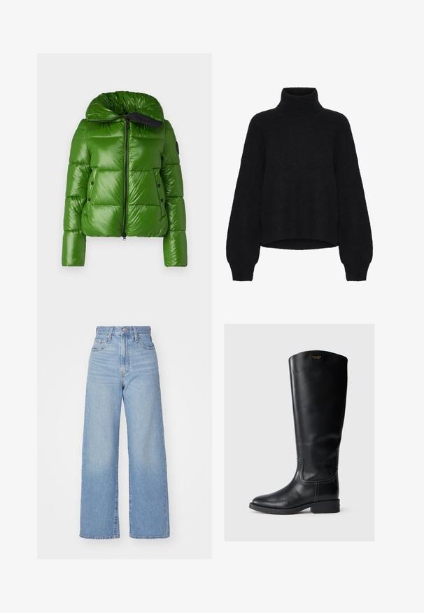 Save the duck ISLA - Talvejope - grass green; Must turtlenecki, millel on lühike disain ja mis on valmistatud kohevast kangast. Omab laiu varrukaid ja ribakujundust krael.; Heledad sinine kõrge vöökohaga laiad teksad, ees nupp ja tõmblukk, ees ja taga taskud, valge tausta peal.; Must muste õlgadeni ulatuv must nahast saabas, millel on sile viimistlus, ümar varvas, õmblusaktsendid ja madal plokktald; logo ülaosas.