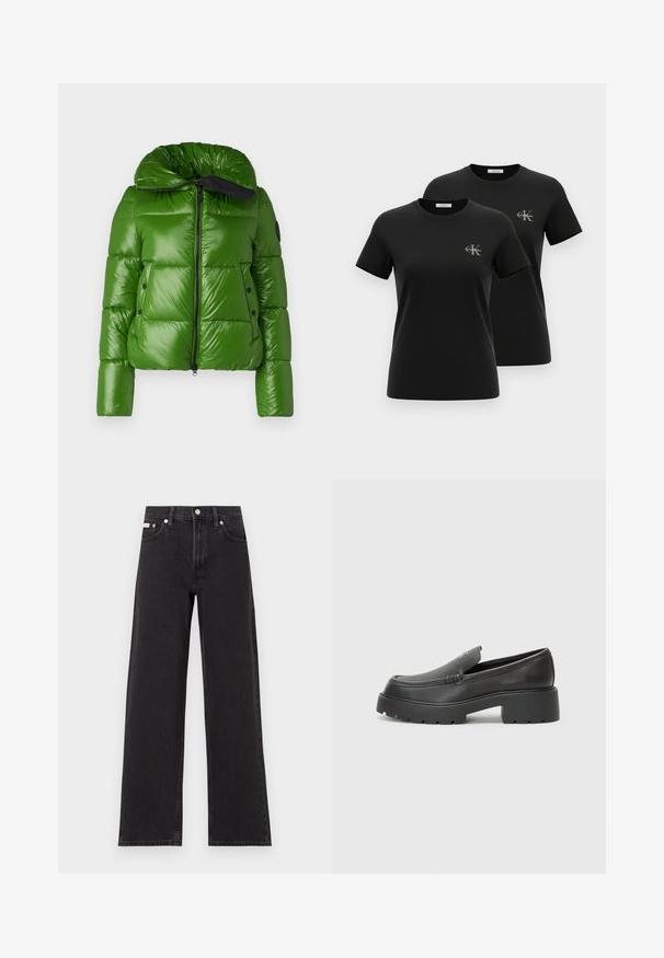 Save the duck ISLA - Giacca invernale - grass green; Due magliette nere a maniche corte con collo tondo, con piccoli loghi grigi "CK Calvin Klein" sul petto sinistro, esposte su uno sfondo bianco.; Jeans neri a gamba larga in denim, con vita alta, styling a cinque tasche e chiusura con bottone metallico e cuciture a contrasto.; Mocassini in pelle nera con punta arrotondata, suola spessa e testurizzata, e minime cuciture. Design elegante senza lacci o parti metalliche visibili.